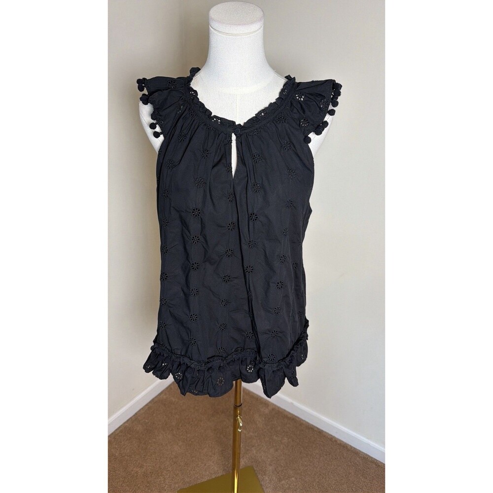 J.Crew XL Black Eyelet Embroidered Pom Pom Ruffle Sleeveless Cotton Boho Top